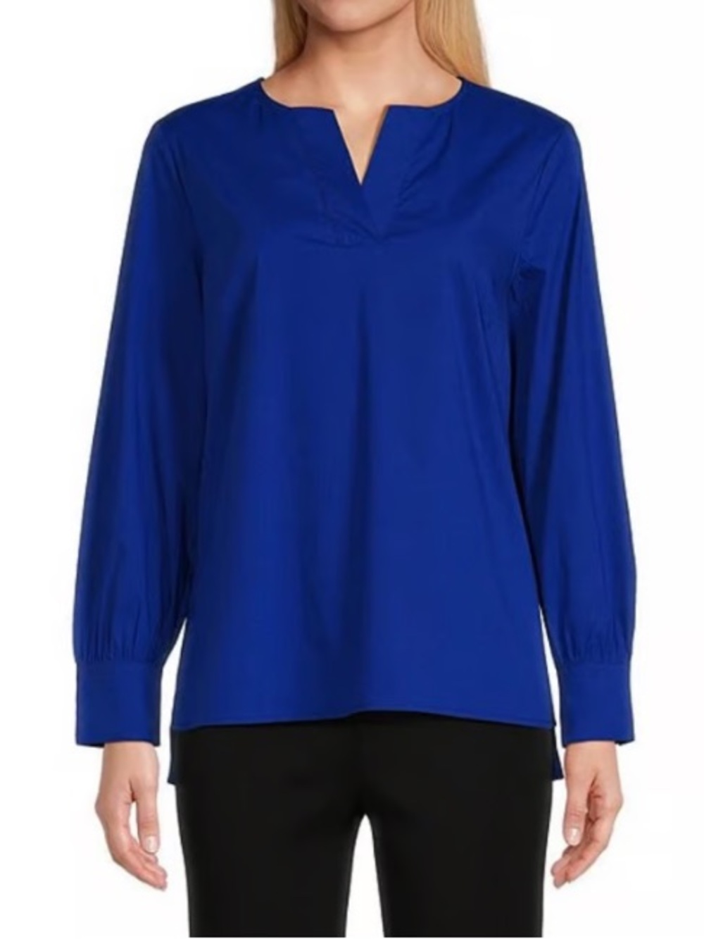 Like New Ming Wang Woven Split V Neck Long Cuffed Sleeve Back Yoke High-Low Top